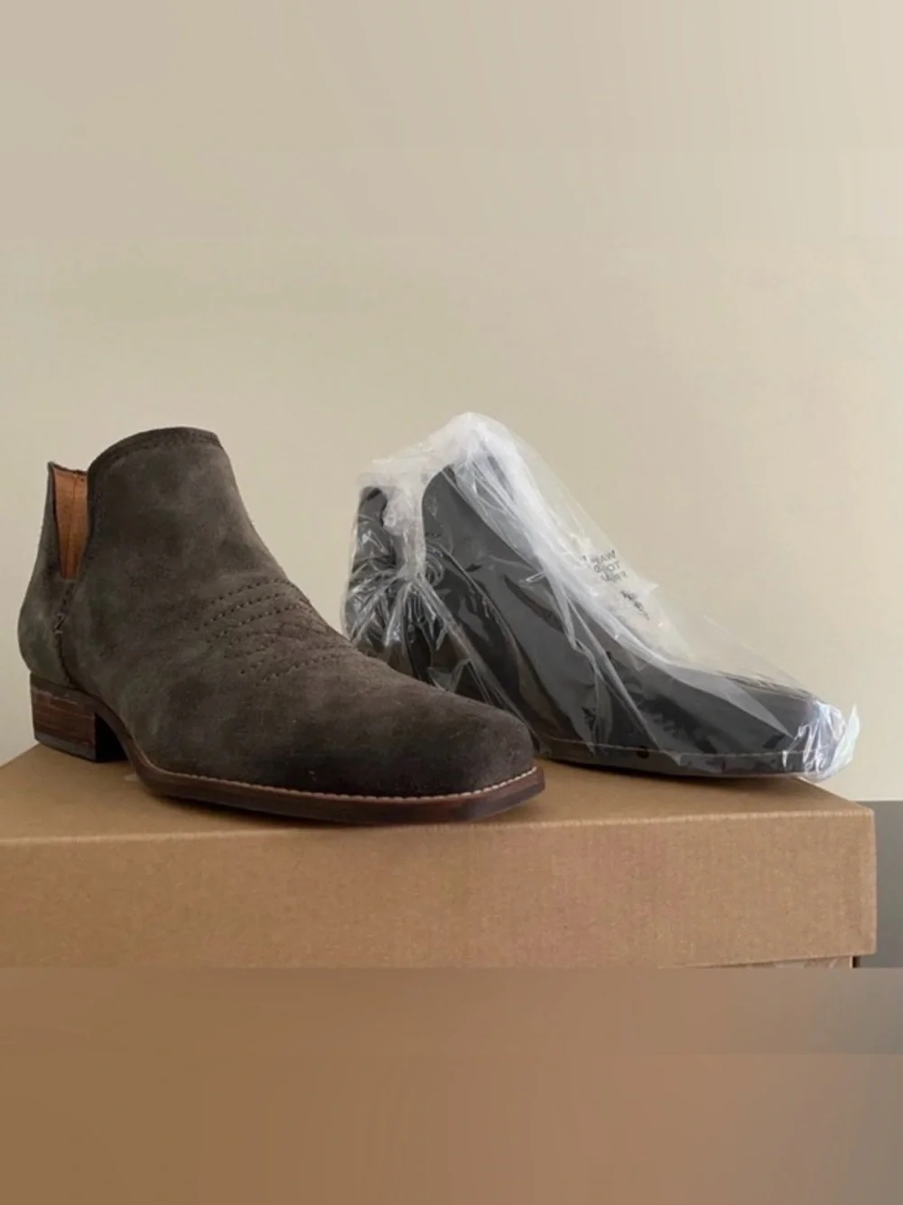 NWT, Zodiac Agatha Western Style Slip On Bootie, Olive Suede, Square Toe, SZ 9